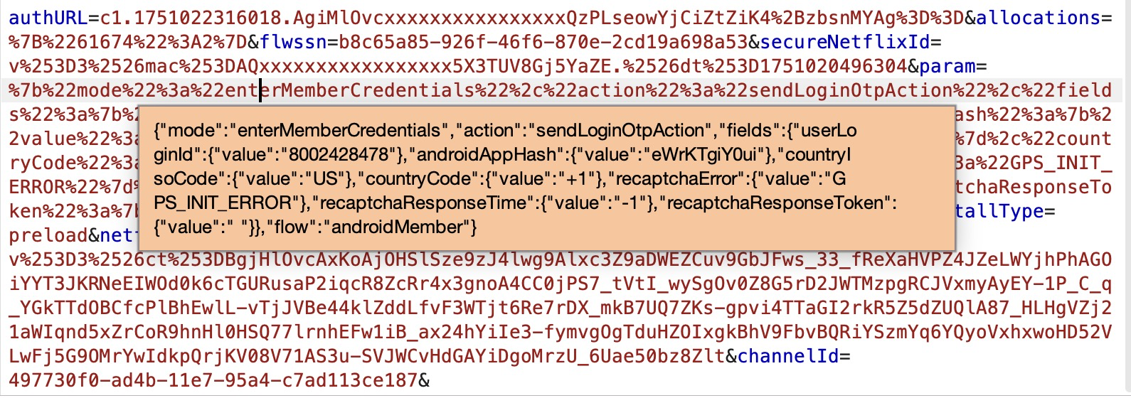 Burp Suite showing Netflix login request with androidAppHash parameter