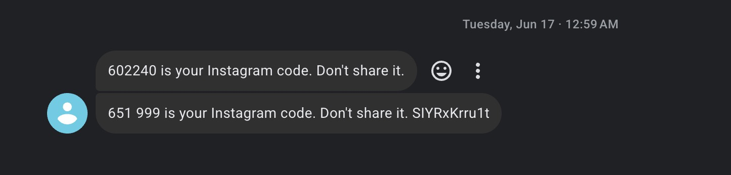 Instagram security code text with app hash