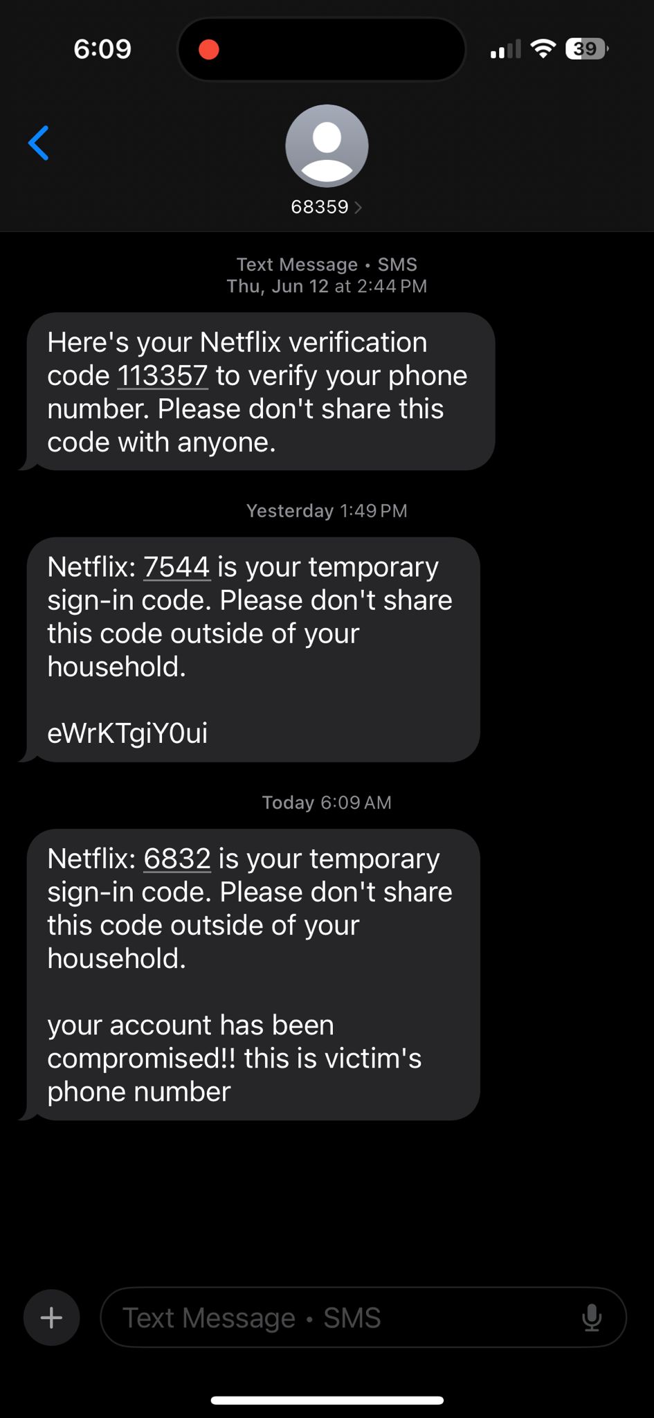 Screenshot of malicious SMS sent from Netflix's official number
